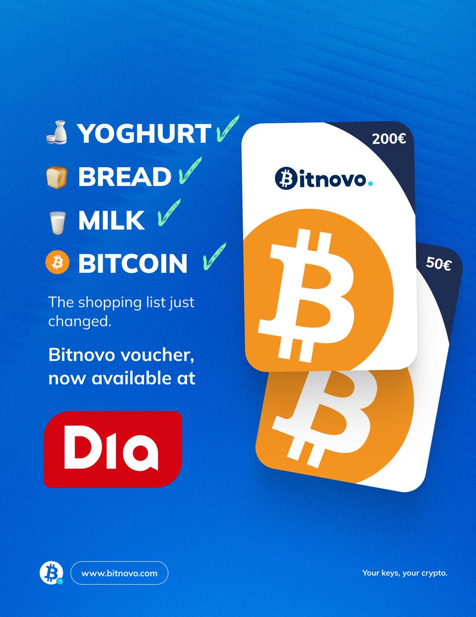 bitnovo's tweet photo. 🛒Día opened its first store in Spain in 1979.

Today, 2,379 stores later, you can walk in and walk out with crypto.

Bitnovo vouchers. Now available at every Día in Spain.

#Bitnovo #BitnovoWallet #YourCryptoYourRules #SelfCustody https://t.co/ZWG5ojeHzv