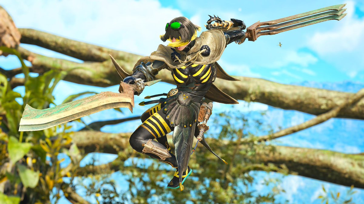 shooo__game's tweet photo. #蟲ってるオリ
#モンハン重ね着
オニヤンマ概念装備🐉🛩️

甲虫の無骨さや、蝶の華麗さとはまた違う、スリムなシルエットを意識して仕上げました。

重ね着の投稿は久々ですが参加させていただきます！！
#蟲ってるミーティング https://t.co/bb0KPKvuE4