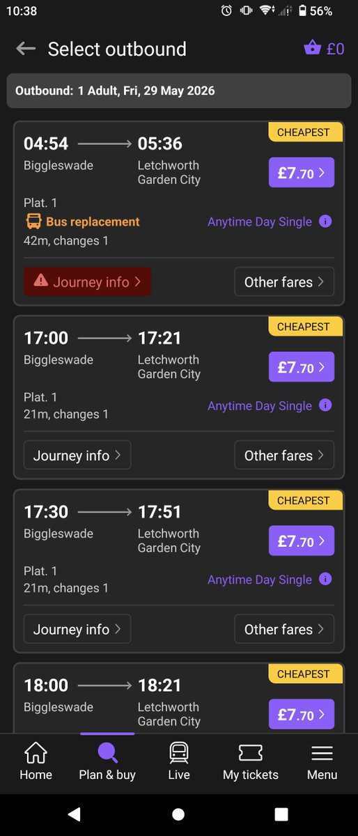 Rob_Withey's tweet photo. @gnrailuk Why is your journey planner showing no trains from Biggleswade to Letchworth during the daytime tomorrow? The national rail website shows lots of trains running between 04:54 and 17:00. https://t.co/gYK0oDpEW6