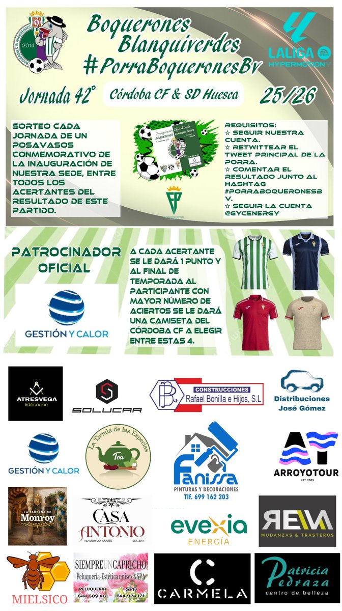Pc_boqueronesbv's tweet photo. Última Jornada de nuestra #PorraBoqueronesBv, la 42.
A despedir la temporada con victoria.
Sólo hay 3 personas que optan a la camiseta, en caso de empate, se hará una porra de campeones, hasta que se acierte, con partidos play off.

Porra Patrocinada por @GYCenergy 
⚽️🤍💚🤍⚽️ https://t.co/7ZKtsxmmMe