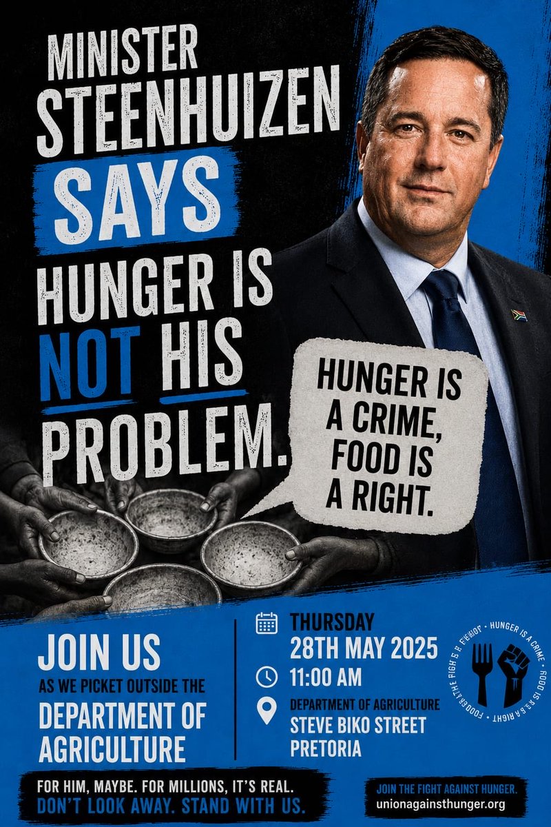 UAH_za's tweet photo. John “household food security is not my problem” Steenhuisen recently refused to receive the #UnitedAgainstHunger Memorandum on behalf of the @DOAgov_ZA TODAY we remind him that #HungerisaCrime #FoodisaRight Stand by for our official response. @jsteenhuisen https://t.co/DIYs7GFRUk