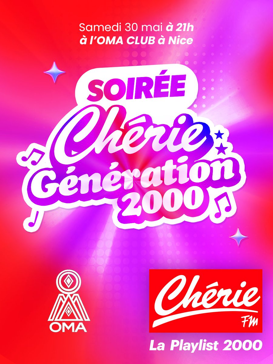 cheriecotedazur's tweet photo. Chérie FM présente CHÉRIE GÉNÉRATION 2000 🔥
🎶La soirée officielle 🎶

✅️ Samedi 30 Mai à 21h à l’OMA CLUB, 6 rue Halévy à Nice 👍

Entrée Gratuite 👏🔥
réservation ici : 
https://t.co/pf78zUQ6Fq

Venez danser avec vos titres préférés de la Playlist 2000 de Chérie FM 🎶🕺💃 https://t.co/qwpYWUL71F