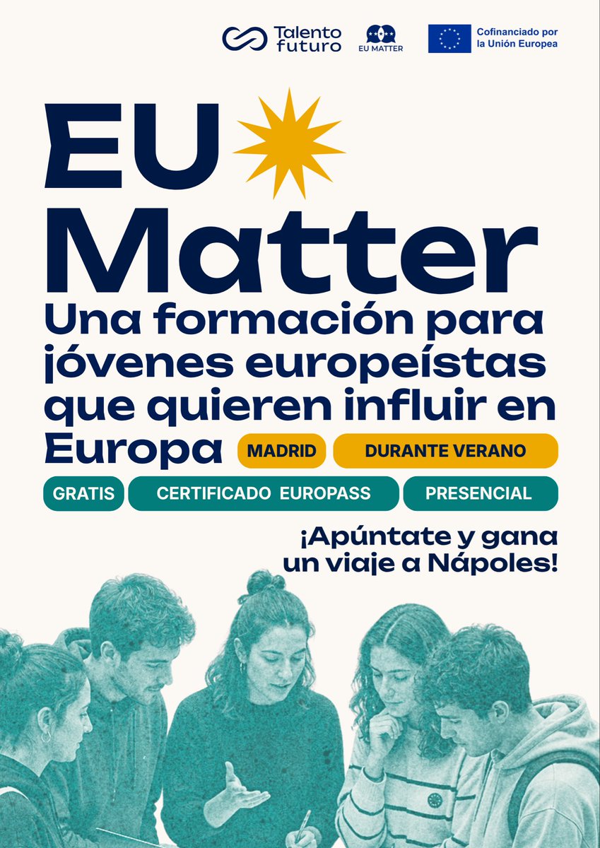 talentofuturo_'s tweet photo. BUSCAMOS A JÓVENES QUE QUIERAN INFLUIR EN EUROPA

Si tienes 18-29 años y te interesa Europa, esto es para ti 🇪🇺

Participa en EU MATTER, fórmate y gana un viaje a Nápoles!

Junio-julio · Europass · Presencial en Madrid

PLAZAS LIMITADAS: https://t.co/tbfuZbYUpr https://t.co/cmh45ToNFC