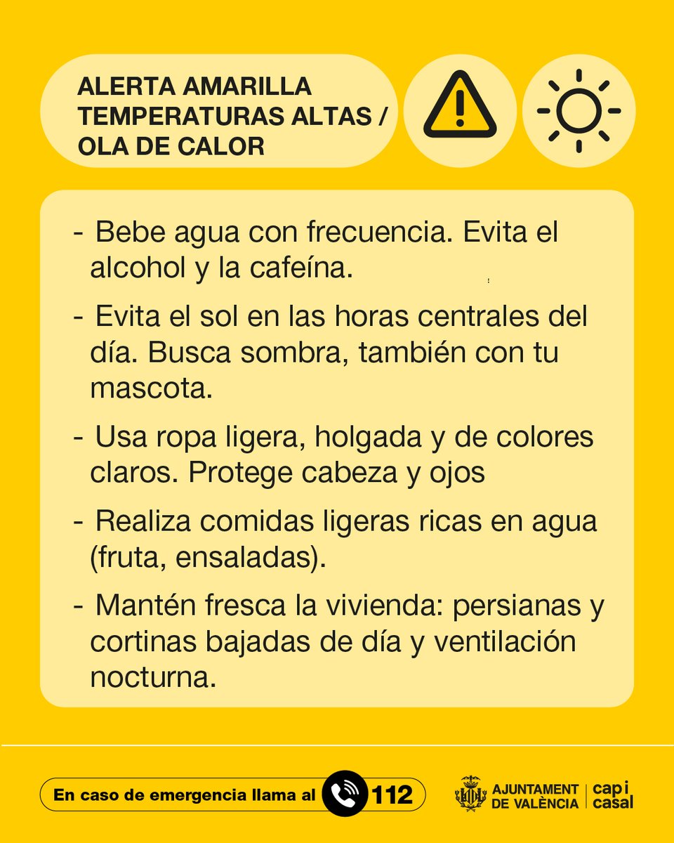 AjuntamentVLC's tweet photo. 🌡️🟡 Alerta amarilla por temperaturas máximas en #València – Protégete del calor ⏬ https://t.co/0Kh3UrS321