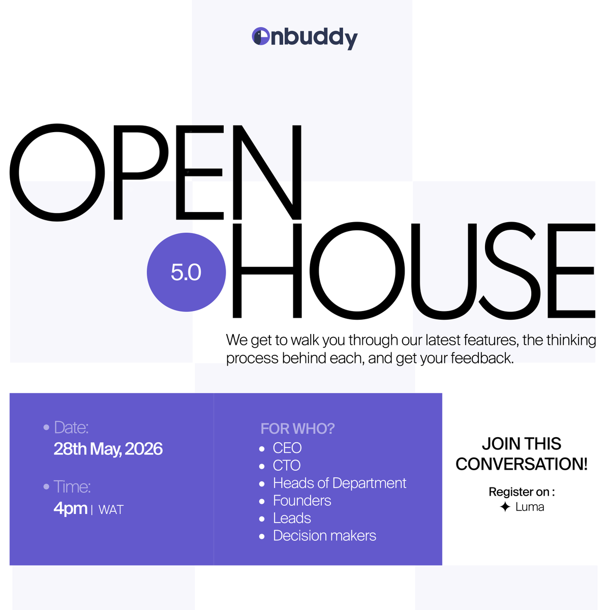 Onbuddyai's tweet photo. Our OnBuddy Open House 5.0 is happening today! 🚀

We’re excited to share new features, product updates, and improvements designed to make your workflow even more seamless.

Register here: https://t.co/pf8jFn5bHD

#OnBuddy #OpenHouse #AI #FutureOfWork https://t.co/Y0GYXTNycB