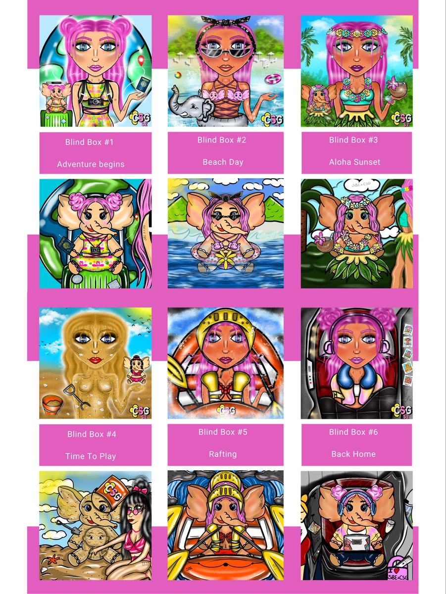 Daisyartss's tweet photo. GM! BLIND BOXES REVEAL🎁🔥

Here are the 12 matching blind boxes in collaboration with @Soulmate889

The 6 #ClassySassyGirls blind boxes👇🏻 

🎁Adventure Begins @TheresaWeik ✈️
🎁Beach Day @TheresaWeik 🏖️🌊
🎁Aloha Sunset  @duckbakero 🥥🌴
🎁Time To Play @TheresaWeik 🏖️
🎁Rafting @GaborX_NFT 🚣🏻‍♂️
🎁Back home @duckbakero ✈️🏡

Thank you all for making this a wonderful collab💕🫶🏻✨