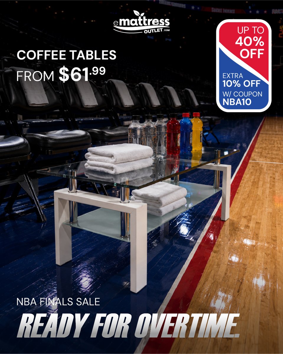 eMattressOutlet's tweet photo. Ready for overtime? So is your living room!

TV Stands, Coffee Tables &amp; Recliners — up to 40% OFF. Extra 10% with coupon NBA10.

Shop now at https://t.co/GSAIYet5KY

#NBAFinals #GameNight #LivingRoom #WatchParty #eMattressOutlet #Recliners #TVStands #CoffeeTables https://t.co/rqdYa4dYIQ