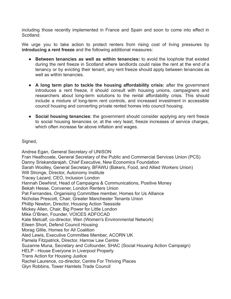 LDNRentersUnion's tweet photo. NEW: Alongside UNISON, PCS, NEF, and tenants unions, we've written to Rachel Reeves demanding the government freeze rents.

If we want to end the affordability crisis, we need a temporary rent freeze followed by long-term rent controls and investment in council housing. https://t.co/Pc8t2tcef3