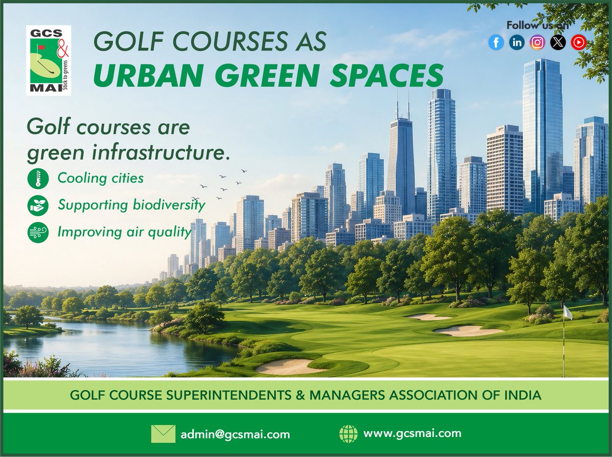 GcsMai's tweet photo. Golf courses are green infrastructure 🌿⛳ Cooling cities, supporting biodiversity &amp; improving air quality. 

#Greensuperintendent #GolfIndia #Turftalks #Behindthegreens #GCSMAIImpact #GreensuperGolf #GolfEventManagement #GolfDay #GolfLife #OutdoorEvents #EventPlanning https://t.co/1eee88rIR5