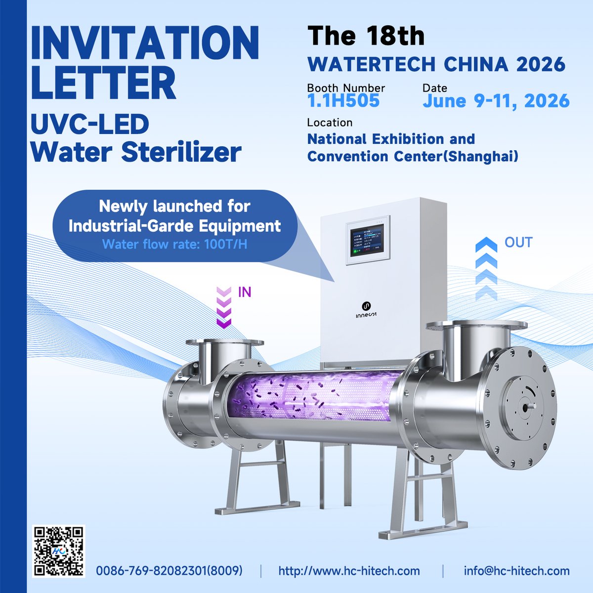 HC_HITECH's tweet photo. The 18th edition of Watertech China 2026 is just around the corner (June 9–11, Shanghai), and we’re thrilled to invite you to our booth 1.1H505 to witness the debut of our NEW Industrial-Grade UVC-LED Water Sterilization Equipment!
Send us a message at info@hc-hitech.com 
#Innest https://t.co/2SvKUarTpS