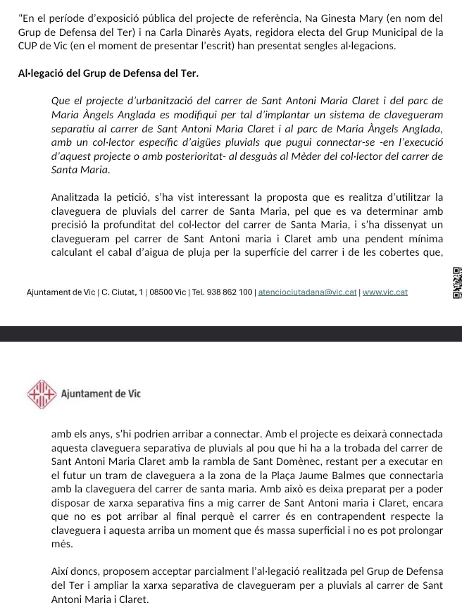 GrupDefensaTer's tweet photo. Per primer cop a #Vic, arran d'unes al·legacions que vam presentar, aconseguim que la reurbanització del c. St. Antoni M. Claret tingui clavegueram separatiu, que evitarà que aigües fecals puguin acabar al riu Mèder a través dels sobreeixidors, durant pluges intenses. https://t.co/vcdJBfftKF
