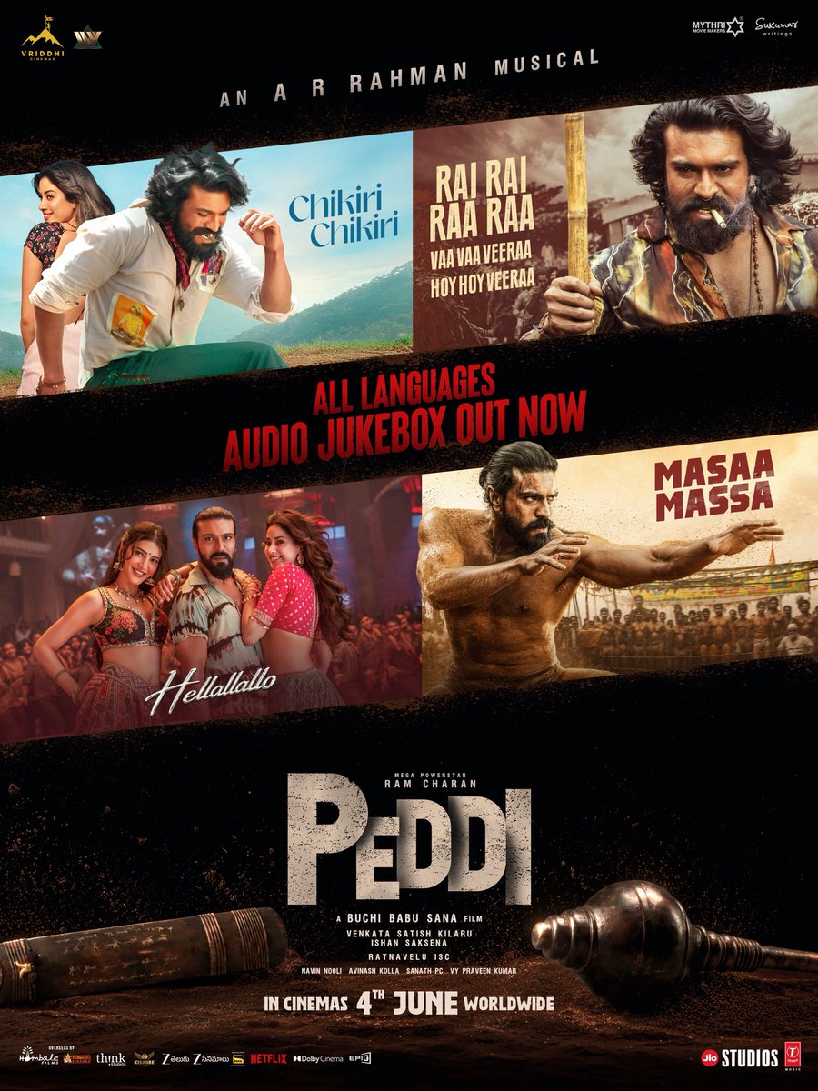 BuchiBabuSana's tweet photo. 4 songs. 4 emotions. One PEDDI storm. ❤️‍🔥
ALL LANGUAGES AUDIO JUKEBOX OUT NOW. ⚡

🎵 https://t.co/mrsvuw9dlU

#PEDDI in cinemas worldwide on 4th June.
#GetReadyForPeddi 💥💥

Mega Power Star @AlwaysRamCharan @NimmaShivanna #JanhviKapoor @BuchiBabuSana @arrahman @RathnaveluDop @artkolla @NavinNooli @bomanirani @IamJagguBhai @divyenndu @vriddhicinemas @VenkataSKilaru @gautamkalidindi @MythriOfficial @SukumarWritings #JyotiDeshpande @jiostudios @ivyofficial2023 @Tseries @thinkstudiosind @PeddiMovieOffl