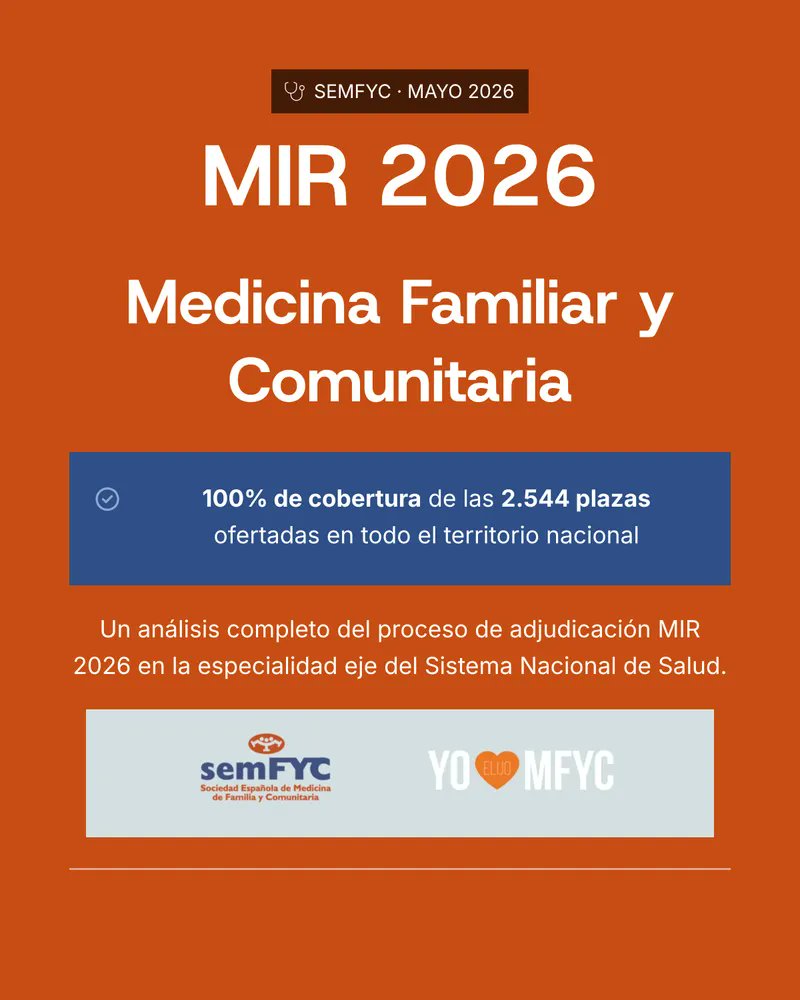 SAMFyC's tweet photo. 📊 El #MIR2026 confirma la fortaleza de la #MFyC: 100% de plazas cubiertas y un IPC que demuestra su capacidad competitiva frente a otras especialidades.  La #AtenciónPrimaria sigue siendo clave para la sostenibilidad y la cohesión del SNS. https://t.co/VR8Kjy5DC1
