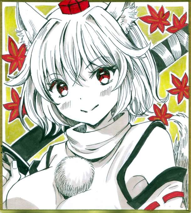 【アナログ絵】小色紙2枚完成～ 1枚目→天狗装束あやや 2枚目→もみもみ 名華祭に持ち込みます