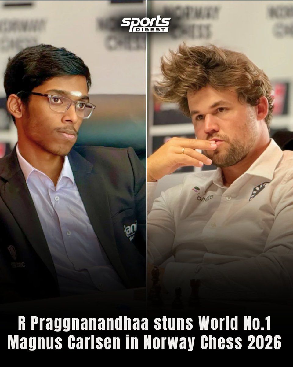 SportsDigestINT's tweet photo. Checkmate to the king R Praggnanandhaa stuns World No.1 Magnus Carlsen at Norway Chess 2026🇮🇳👑

[PraggVsMagnus, GiantSlayer, NorwayChess2026, IndianProdigy, EndgameMaster]

#Praggnanandhaa #MagnusCarlsen #NorwayChess #Chess #SportsDigest https://t.co/VfvZnTN8tN