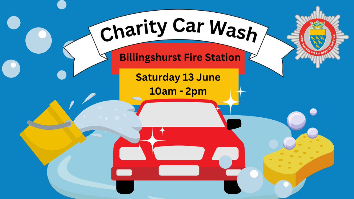 WestSussexFire's tweet photo. Billingshurst Fire Station is holding a charity car wash on Saturday 13 June. 🚗 🧽 

Please come along between 10am and 2pm to have your car cleaned by the crew and support the Fire Fighters Charity. https://t.co/YSE1VSH9gX