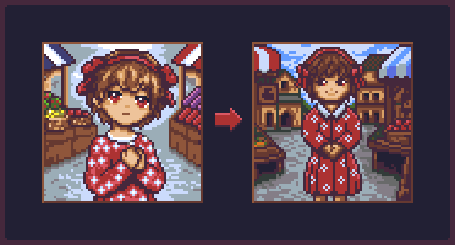 CompromiseDev's tweet photo. #redraw of the day.  
Rosie, the eerie human child 🥰 

I genuinely struggled with this one. 🫠

I liked the old one quite a bit, but the style is waaay too different from all the other art in the game.

She also wasn't creepy enough 😅

#indiedev #gamedev #pixelart #ドット絵 https://t.co/9xGFfeT8K9