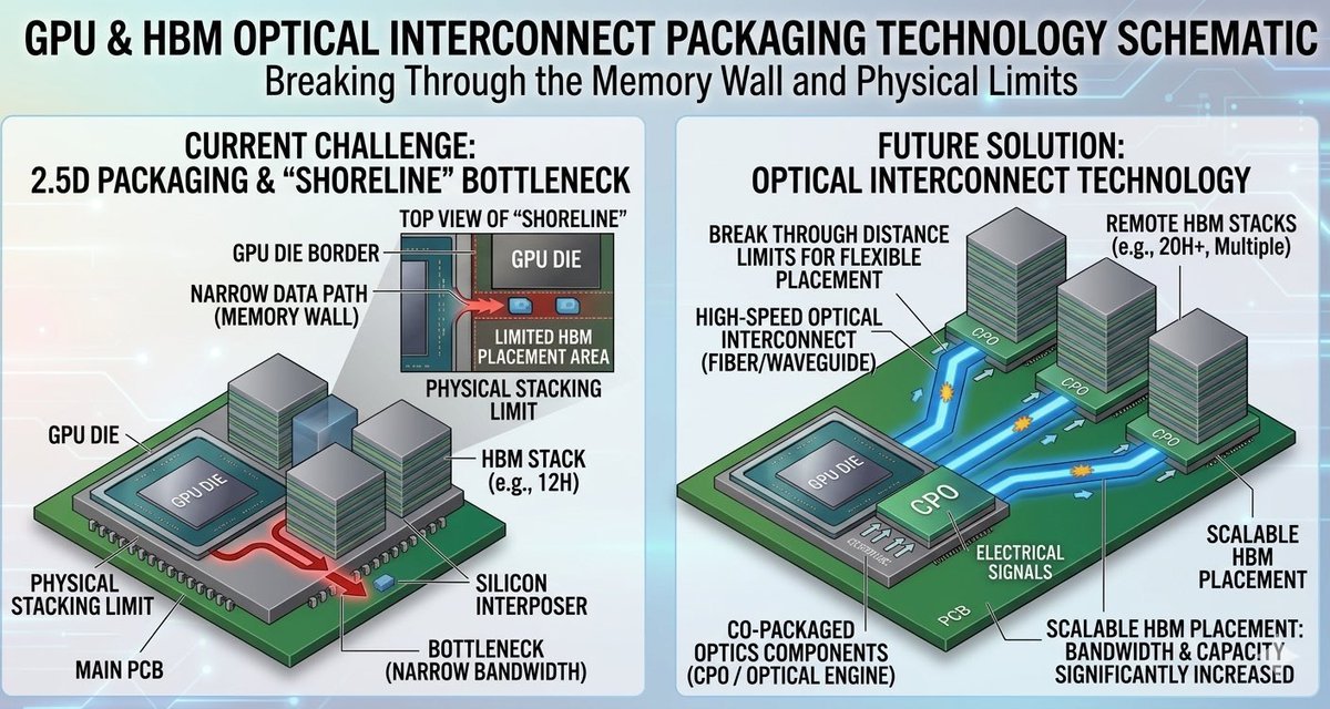 BourseAsieFR's tweet photo. 🚨🇰🇷Les ingénieurs mémoire viennent d'admettre que la physique les a rattrapés. Et ce moment précis est le signal d'achat CPO le plus clair de ces deux ans.

Voici le problème :

Un GPU NVIDIA Blackwell est entouré de blocs HBM soudés sur un interposeur. Ce périmètre disponible autour du GPU s'appelle le "shoreline". Il est fixe. 

Pour mettre plus de mémoire, deux options : empiler plus de couches verticalement (on arrive à 16, bientôt 20 couches, mais les contraintes mécaniques et thermiques approchent du mur physique) ou en mettre plus latéralement (impossible, le shoreline est plein).

Résultat : les datacenters veulent plus de mémoire par GPU, et l'architecture actuelle ne peut plus en absorber.

La solution qui émerge : décrocher la HBM du GPU.

Au lieu de souder la HBM à quelques microns du GPU sur le même interposeur, on la place à quelques centimètres de distance sur la même carte, ou ailleurs dans le rack, et on relie les deux par interconnexion optique ultra-rapide. C'est le même principe que le CPO déjà en déploiement pour connecter des serveurs entre eux, mais miniaturisé pour fonctionner à l'intérieur d'un seul package ou d'une seule carte.

Ce changement d'architecture est un catalyseur direct et massif pour le CPO.

Jusqu'ici, le CPO était surtout discuté pour les connexions rack-à-rack et switch de réseau. NVIDIA l'intègre déjà dans ses switchs Spectrum-6. 

La plateforme Rubin Ultra prévoit le CPO sur les interconnexions scale-out à partir de fin 2027. Mais si la HBM se décroche physiquement du GPU, le CPO entre dans le package lui-même, au niveau chip-to-chip. 

Le volume d'interfaces optiques requis explose d'un ordre de grandeur.

Un dirigeant d'OSAT taïwanais cité par la presse coréenne cette semaine a été direct : "L'optique est la direction claire. La seule question est le calendrier."

Ce que cela signifie pour les fournisseurs taïwanais de composants optiques : 

Les lentilles de précision, les modules de couplage optique et les composants de mise en forme de faisceau laser devront être miniaturisés pour fonctionner dans des espaces de quelques millimètres sur une carte GPU. Ce niveau de précision optique ultra-miniaturisée est exactement le domaine où Taiwan a bâti des positions quasi-monopolistiques.

📊 Les valeurs à surveiller :

Largan Precision (TPE: 3008), leader mondial des lentilles de précision, dont la capacité de miniaturisation extrême est directement applicable aux modules optiques CPO embarqués. 

Young Optics (TPE: 3504) et Asia Optical (TPE: 3019), acteurs de la chaîne optique de précision taïwanaise positionnés sur les composants de couplage et de transmission qui entrent dans les architectures CPO chip-to-chip.