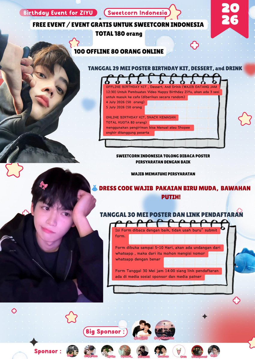rokusky_86's tweet photo. FREE EVENT — ZiYu Birthday with Tian Xuning 💙

🗓️ 4-5 July 2026
📍Cafe Bloomerry Blok M
👥 50 quota/day
⏰ 12:30 WIB

🎁 Online Event Available
80 slots only

🔗 Registration:
30 May • 14:00 WIB

Follow @TianZiyuEvent 🩵
#ZiYu #TianXuning #TianZiYu https://t.co/wBoFbeYo6A