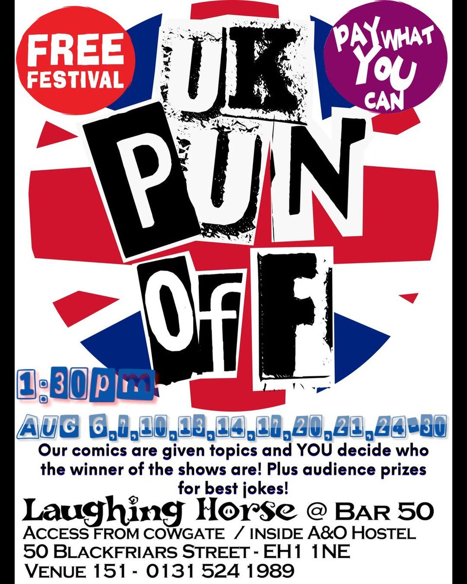 imacpun's tweet photo. Looking for the best way to spend an hour in Edinburgh this August? Whether you want to win prizes at Punchline Bingo or judge a live pun battle, I've got you covered.
Secure your tickets in bio
#Edinburgh #ThisIsEdinburgh #HiddenEdinburgh #VisitEdinburgh #EdinburghFestival https://t.co/L1fbj18R9F