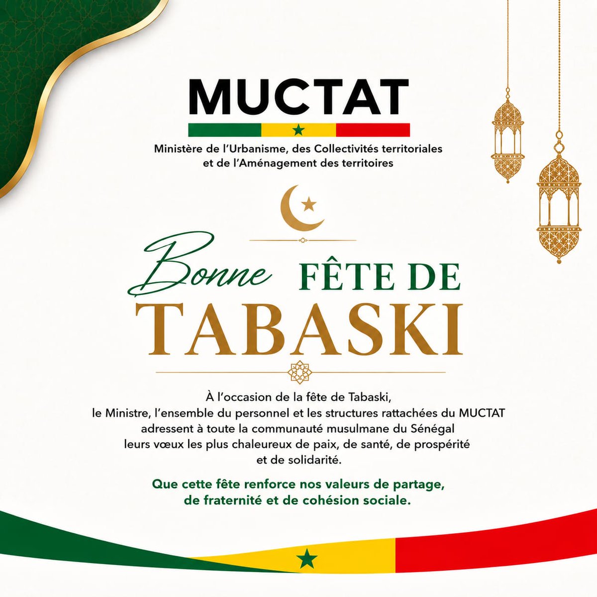 muctat_sn's tweet photo. À l’occasion de la fête de Tabaski, le Ministère de l’Urbanisme, des Collectivités territoriales et de l’Aménagement des Territoires adresse ses vœux les plus chaleureux à toute la communauté musulmane du Sénégal. https://t.co/Vh3XQdVqCe
