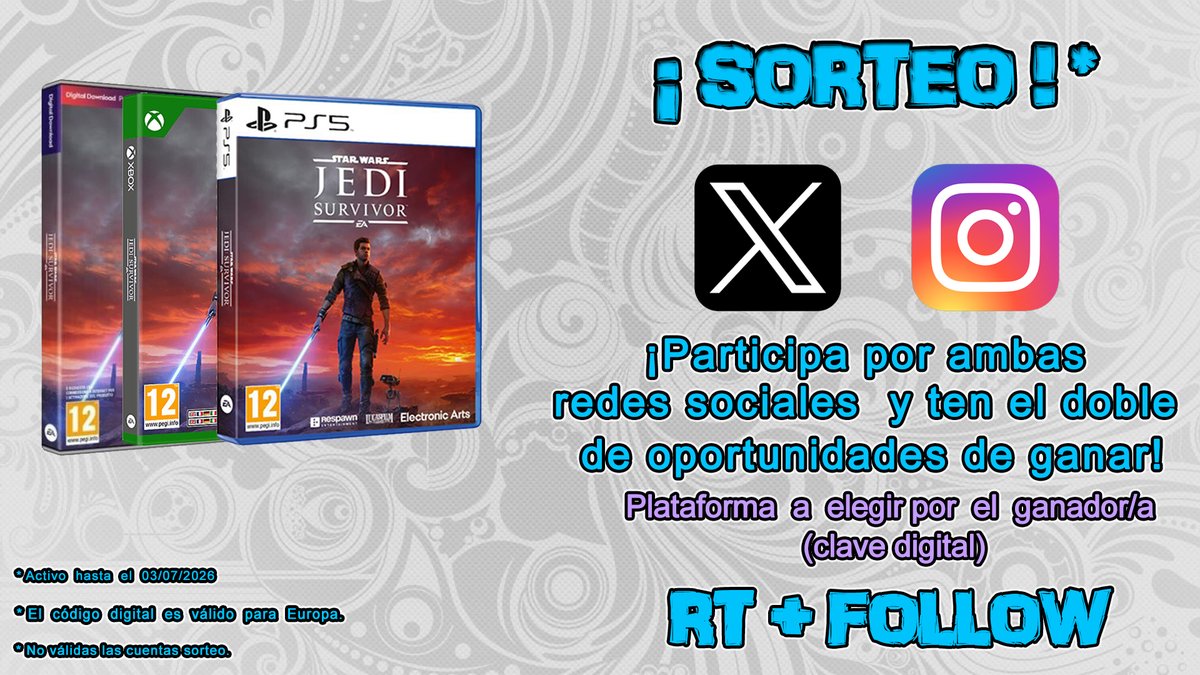 cdChicasGamers's tweet photo. Oye, ¿quieres una clave de #StarWars #JediSurvivor?

Sí, ¿no?

Pues... ¡A participar!

👆 Follow @cdChicasGamers
✌️ RT

También podéis participar por #instagram y tener más opciones.

Más info aquí:
https://t.co/SFY3vjqoHh https://t.co/GnZosLK5lr