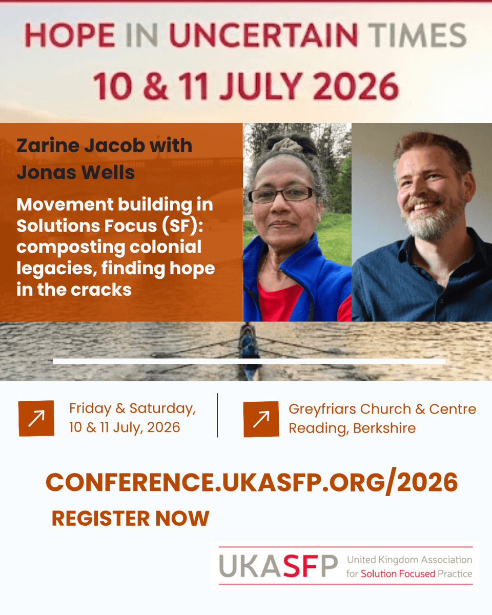 ukasfp's tweet photo. When  SF  practice was developed, which voices were centred — and which were left out? 

Zarine Jacob &amp; Jonas Wells open up this inquiry at #UKASFP2026 🗓 10–11 July, Reading 🔗 

https://t.co/gewI1bt0M9 — concession rates available

#SolutionFocused #Decolonial #SocialJustice https://t.co/eRPh1gyTp0