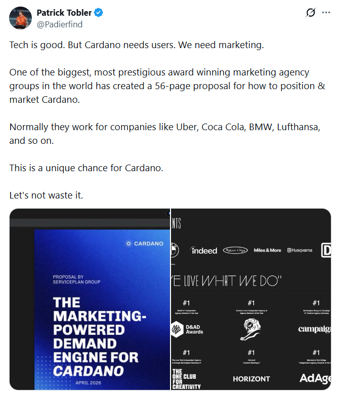 thecryptobasic's tweet photo. NMKR CEO Patrick Tobler believes #Cardano has a rare opportunity to partner with a globally recognized marketing powerhouse.

Serviceplan Group released a 56-page proposal focused on Cardano branding and enterprise adoption.

The agency is known for working with major multinational companies, including Uber, Lufthansa, and BMW.

Serviceplan described the marketing as the missing layer connecting Cardano’s technology to real-world adoption.