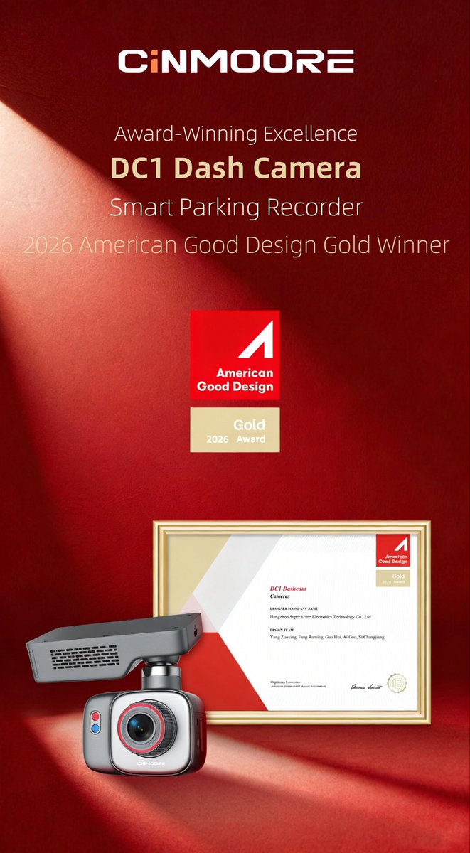CinmooreAI's tweet photo. CINMOORE Honored &amp; Crowned with Strength🔥
DC1 Smart Parking Recorder Wins 2026 American Good Design Gold Award👍 https://t.co/HqRlnLV7RX