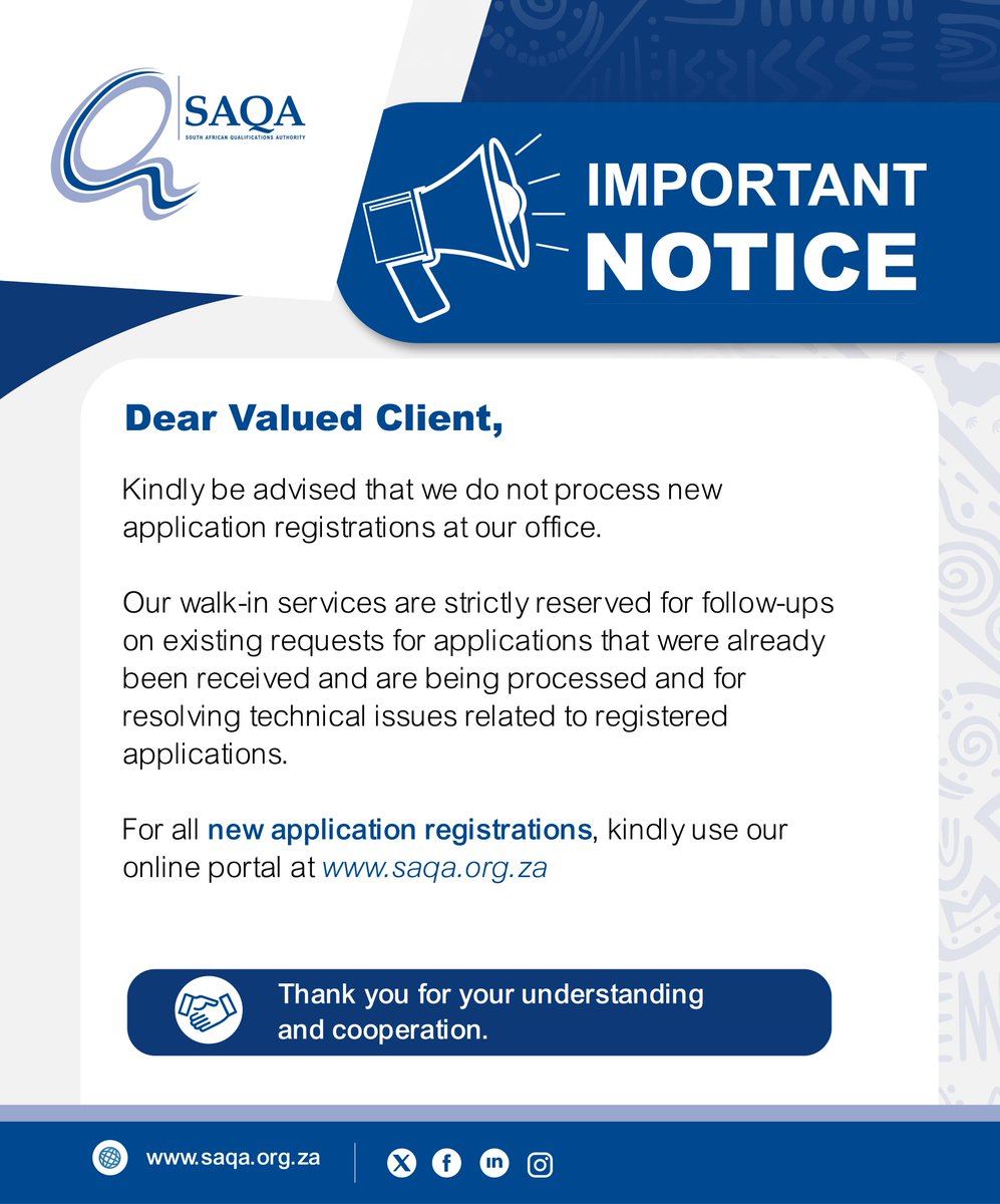 SAQALive's tweet photo. 𝐈𝐦𝐩𝐨𝐫𝐭𝐚𝐧𝐭 𝐧𝐨𝐭𝐢𝐜𝐞 𝐭𝐨 𝐚𝐥𝐥 𝐒𝐀𝐐𝐀 𝐜𝐥𝐢𝐞𝐧𝐭𝐬 

Walk-in services are reserved for follow-ups on existing applications and all new application registrations should be done on the South African Qualifications Authority website at https://t.co/M7qOYw7Mng. https://t.co/QBDTGkTdn9
