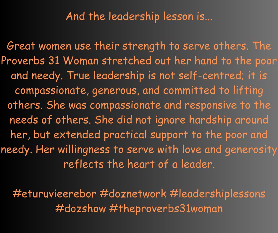 EErebor's tweet photo. True leadership is not self-centred; it is compassionate, generous, and committed to lifting others.
#eturuvieerebor #dozshow #leadershiplessons #doznetwork https://t.co/fbwg0gFyfG