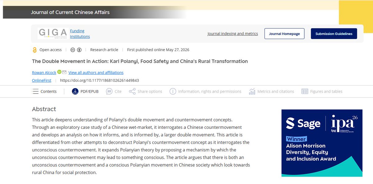 TweetRo4's tweet photo. Really pleased to have this article published in the Journal of Current Chinese Affairs 🥳- a case-study of a Chinese countermovement and implications for a larger double movement in rural China.

https://t.co/AR7fjpdQL6 https://t.co/nrwRfjY91K