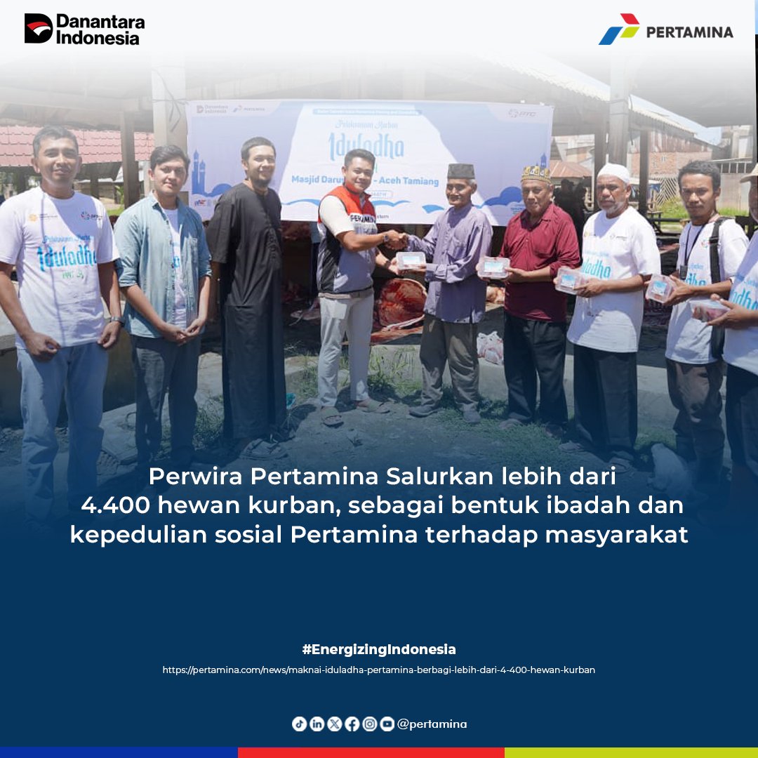 pertamina's tweet photo. Alhamdulillah, Perwira Pertamina di berbagai daerah salurkan lebih dari 4.400 hewan kurban, wujud ibadah sekaligus momentum meningkatkan kebersamaan, kepedulian, dan kontribusi sosial yang lebih luas kepada masyarakat. 

https://t.co/pU8nAWFjW7

#EnergizingIndonesia https://t.co/hfzJU3vzsf