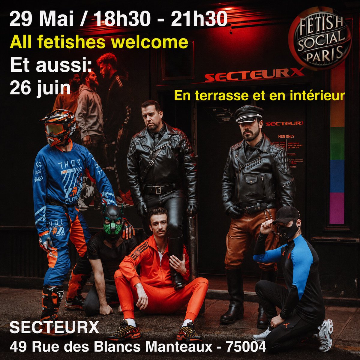 Secteurx_Paris's tweet photo. Un immense MERCI à tous pour cette super soirée  encore de la BRANLE ENTRE MECS de https://t.co/ICsQHzE8cd     
L’AFTER-SEX qui a suivi a démarré à 21h alors que c’était encore blindé et l'ambiance était super chaude aussi jusqu’à la fermeture ...

On continue sur la lancée de 15h à 4h du matin aujourd’hui 

DEMAIN le retour du désormais célèbre APÉRO FETISH SOCIAL PARIS.
Fetish Social Paris est organisé par Nacho ( Mister Leather France 2023 )  cet apéro destiné à tous les fétichismes au SECTEURX en terrasse ou à l’intérieur