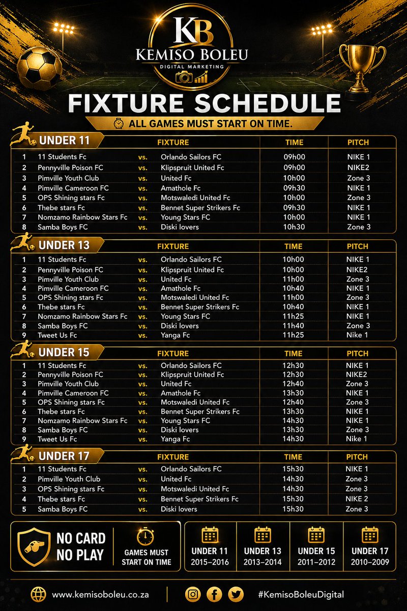 UncleKem_PR's tweet photo. This weekend, all roads lead to Nike Centre  and Pimville,Zone 3, Soweto

Teams across all age groups will be in action as the fixture schedule officially gets underway.

 See you at the pitch! 

#WeekendFixtures #YouthFootball #Matchday https://t.co/V3xOb4hjxj