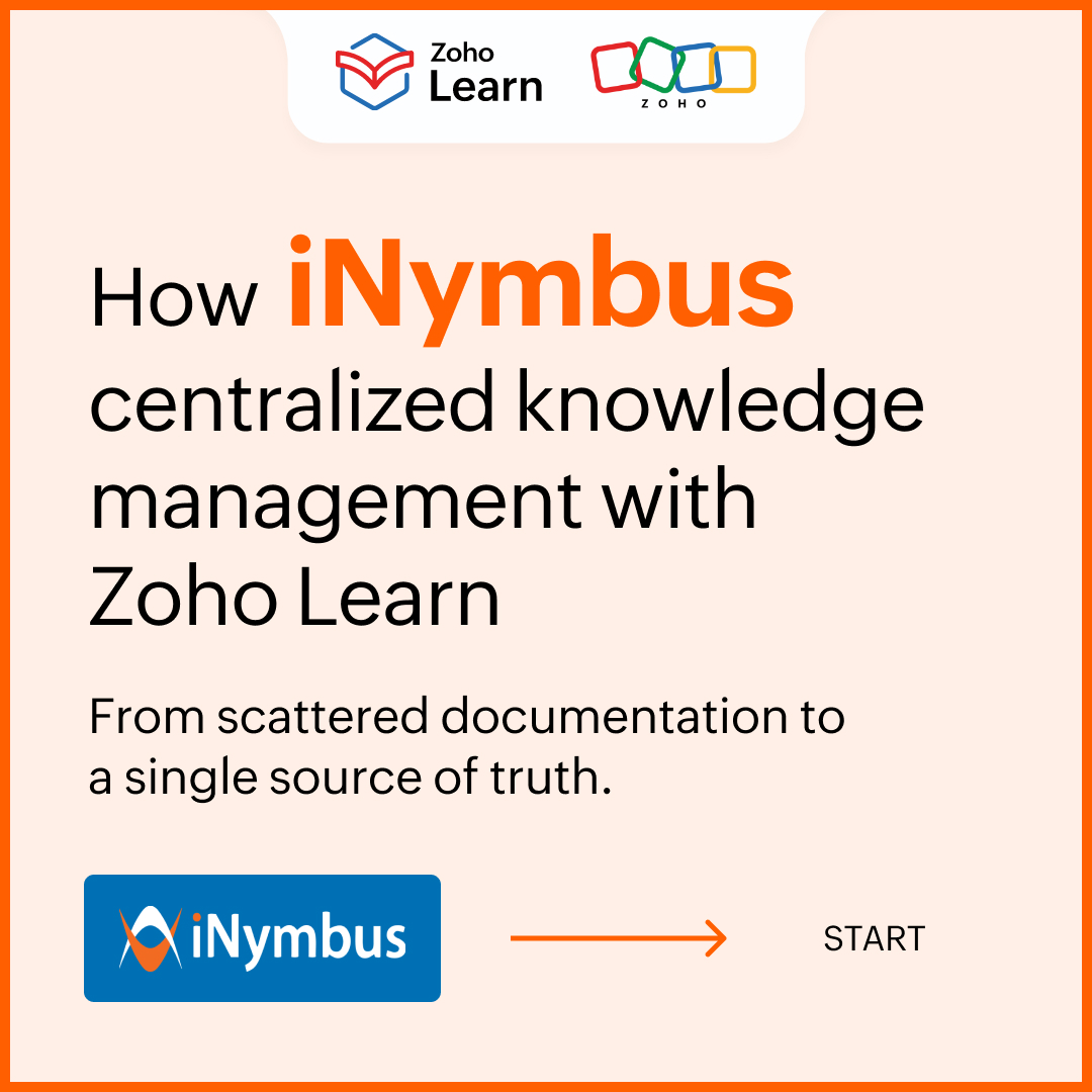 ZohoLearn's tweet photo. What happens when organizational knowledge is scattered across multiple tools?

See how iNymbus centralized documentation, streamlined knowledge access, and improved operational efficiency with Zoho Learn.

Read the complete case study here: 
https://t.co/Gelr2nrhBK https://t.co/2yjk4j6NYD