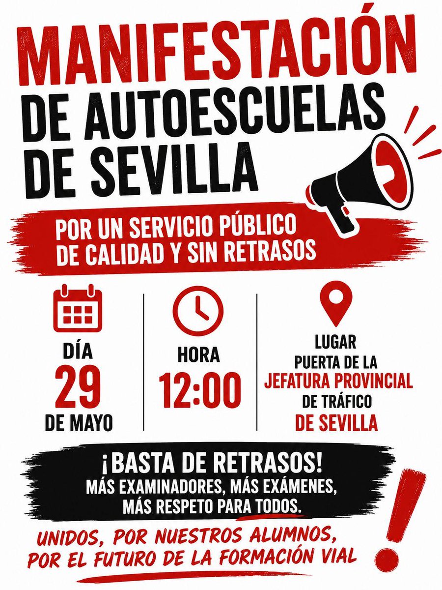CatedralAuto's tweet photo. EL 29 DE MAYO TODOS A LA HUELGA!

Las autoescuelas nos encontramos en una situación límite, maniatados al no poder ofrecer más fechas de examen práctico, por falta de fechas y examinadores, lo cual afecta a nuestra operativa día a día y al servicio que nuestros alumnos merecen. https://t.co/LPOt0VTFTq