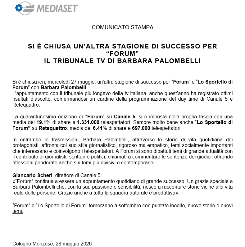 QuiMediaset_it's tweet photo. Su #Canale5 si è chiusa un'altra stagione di successo per @forummediaset,  il tribunale tv di #BarbaraPalombelli. https://t.co/tMiMpx5lt9