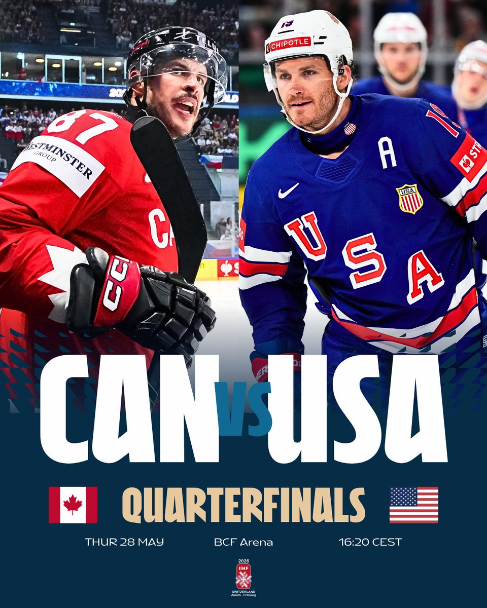 IIHFHockey's tweet photo. This storied rivalry goes head-to-head in the quarterfinals 🇨🇦🔥🇺🇸 #MensWorlds #IIHF @hockeycanada @usahockey https://t.co/oEX9xdzrK9