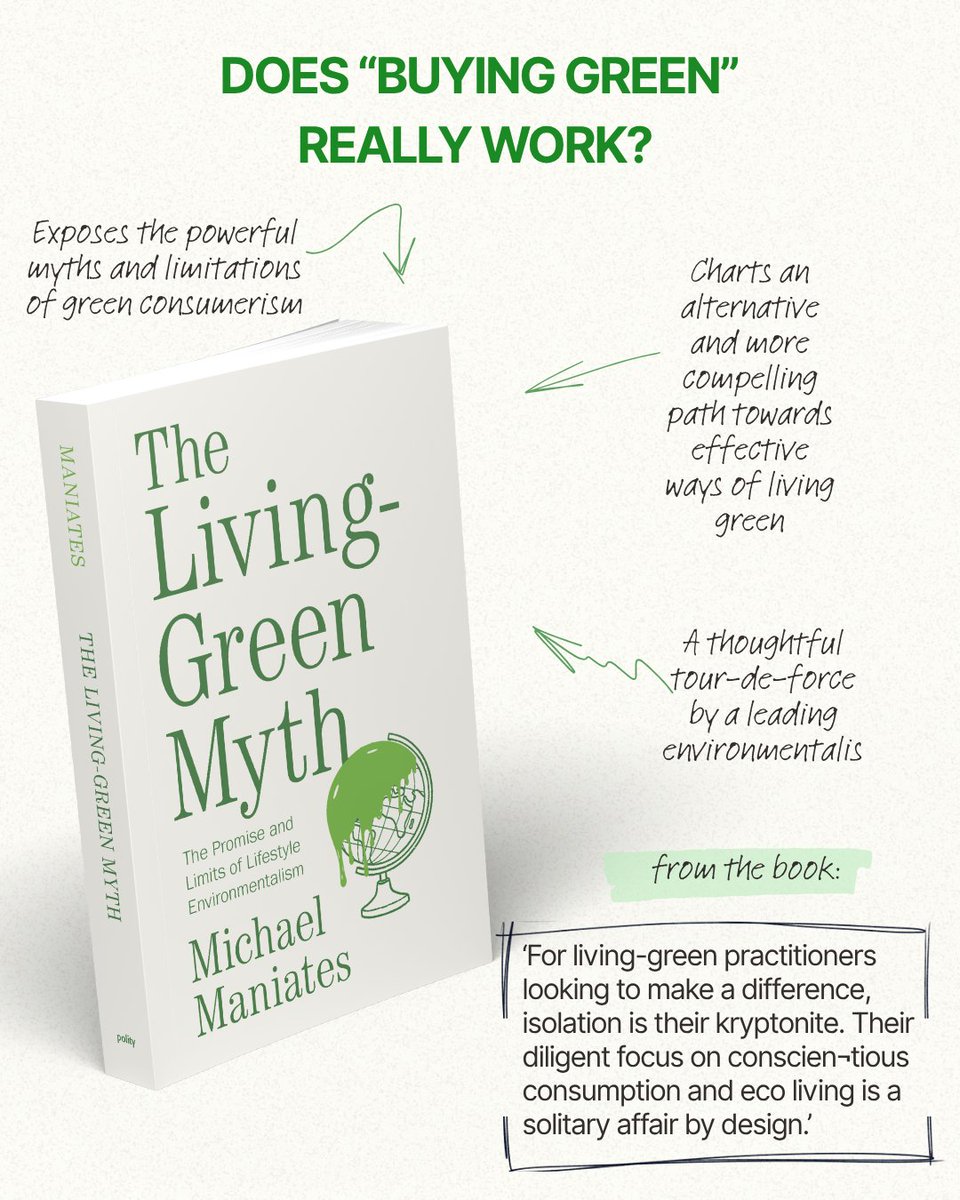 politybooks's tweet photo. Major environmental problems threaten our planet and evoke within us a need to do something, no matter how small, to slow the damage.

But what should we do? 

Businesses, governments, and some environmental groups tell us that buying environmentally friendly products while living more lightly on the planet is a winning strategy.

Michael Maniates isn't buying it. He believes the mantra of 'buy green, live lean, save the planet' is a con of recent and unseemly origin. 

Living green is a start, but on its own, it can do more harm than good. We must embrace more rewarding and effective practices for saving the planet. 
His book shows us how: https://t.co/d9HF8eky8V