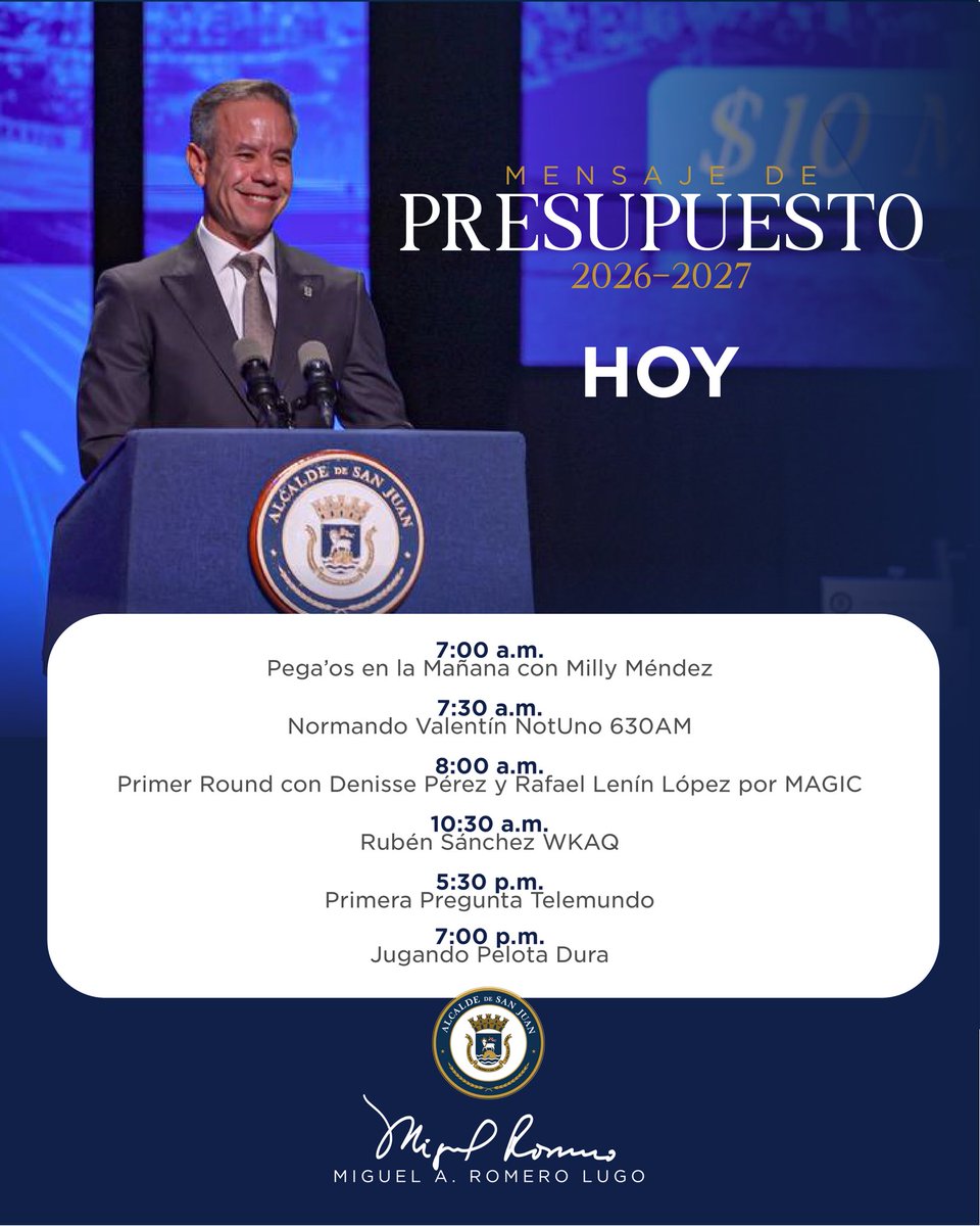 Miguel_Romero_'s tweet photo. ¡Conéctate! Estaremos en varios medios de comunicación hablando de nuestra visión de presupuesto para el próximo año fiscal y de las iniciativas que continuarán fortaleciendo los servicios, la seguridad y el desarrollo de San Juan.

Seguimos trabajando por un gobierno que funcione, responda y le resuelva a su gente. #SanJuan