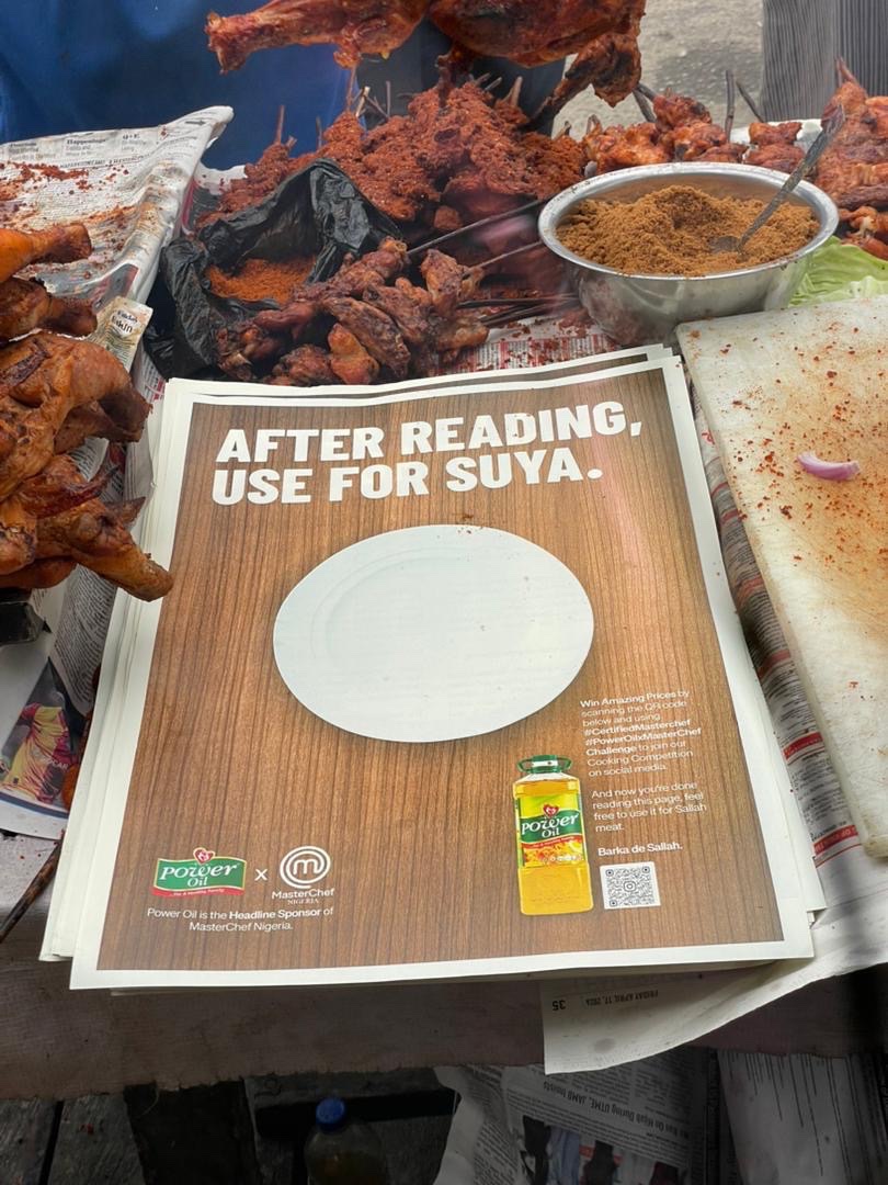 this_thatng's tweet photo. If newspapers end up as suya wraps, we just made it official.

Most ads are designed to be seen. We designed this one to be used. Because in Nigeria, the suya spot is the final destination of most newspapers, and we thought, https://t.co/OPmPIvPUEC