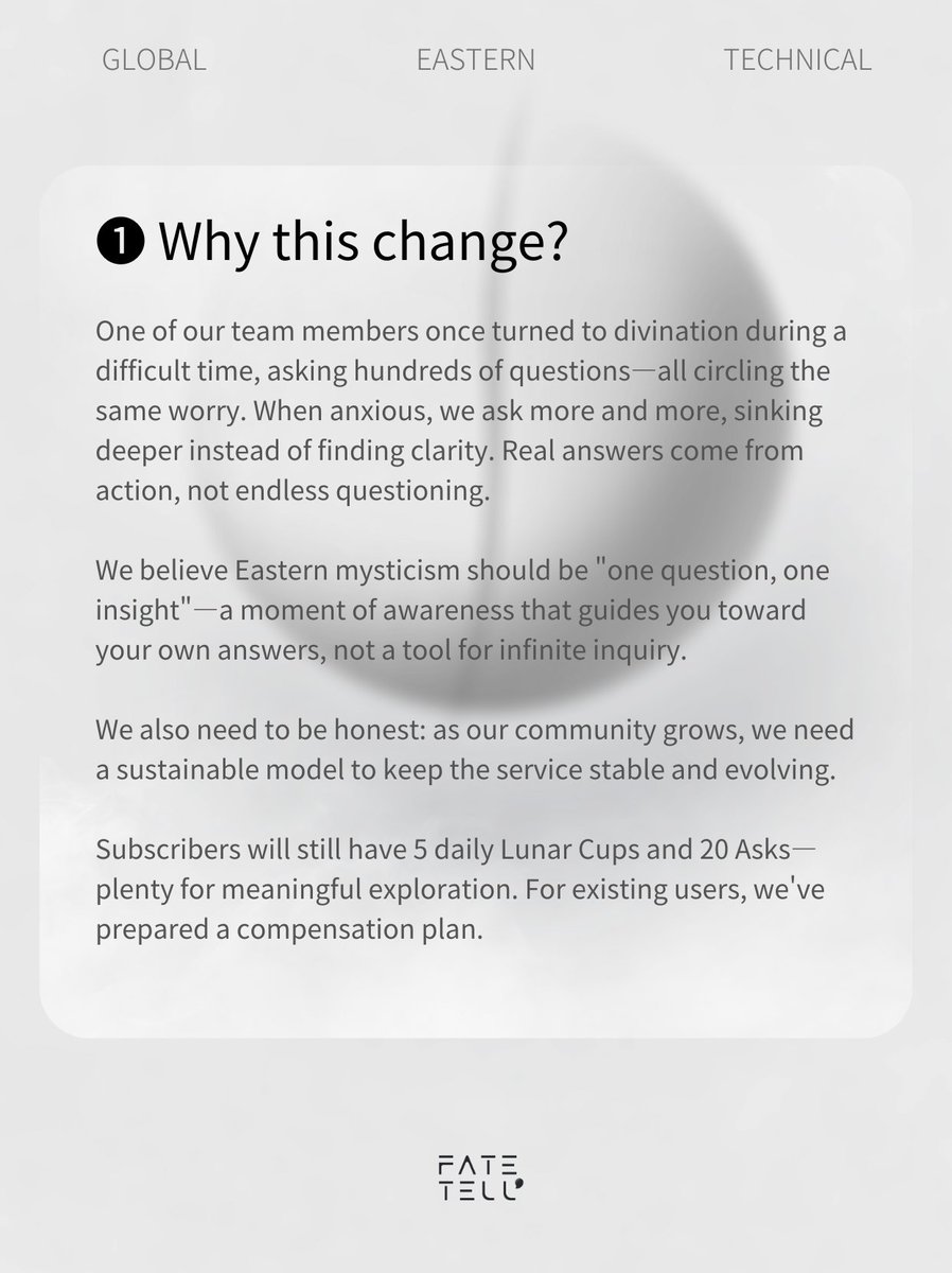 FateTell's tweet photo. To support our growth and encourage more intentional divination, we’re updating our pricing structure effective June 1st, 2026.

Existing subscribers, check your inbox for details on our special compensation plan! We’re committed to staying a sincere, stable space for your reflection.

Thank you for being part of our journey.