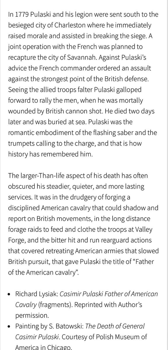 wojcikrp's tweet photo. A few days ago during #MemorialDay, across the United States we honor 🇺🇸servicemen and women who, as #AbrahamLincoln underlines in his #GettysburgAddress, “…Gave the Last Full Measure of Devotion.”
John 15:13

Few are aware that there is a Pole who is counted among those who make the ultimate sacrifice defending America. He’s granted honorary 🇺🇸citizenship, and General #KazimierzPułaski is among America’s and Poland’s greatest heroes. 

Arriving from Poland🇵🇱, where he’d been defending 🇵🇱’s freedom, Pułaski joins the fledgling 🇺🇸Army at the #BattleOfBrandywine.  Pułaski famously says, "I come here, where freedom is being defended, to serve it, and to live or die for it.”

At Brandywine, his daring cavalry actions save General #GeorgeWashington and his Army from capture, or worse. Gen Washington appoints Pułaski as Brigadier General in the #ContinentalArmy, and then, as commander of 🇺🇸’s Cavalry. 

There’s no question - like Polish soldiers still today - that Gen Pułaski is a massive force-multiplier for the 🇺🇸Army. His leadership, restructuring and disciplined training, turn 🇺🇸’s young cavalry into a lethal fighting force. After a number of successful campaigns, Gen Pułaski valiantly leads American forces against the British at the #BattleOfSavannah where he is mortally wounded in battle. 

Gen Pułaski earns 🇺🇸titles of “The Father of American Cavalry,” “Soldier of Liberty,” and “American!” Today, he is highly honored in many places in Poland and America, including, New York, New Jersey, Illinois, Washington DC, Texas and Georgia. Along with fallen American servicemen and women, Pułaski should also be remembered and honored on 🇺🇸MemorialDay.

Pulaski was a massive “force-multiplier,” for America, as Polish soldiers remain today for 🇺🇸/NATO. It’s a similar effect in reverse, with the relatively small number of 🇺🇸soldiers based in Poland. These 🇺🇸forces must increase, and be organized for deeper integration with Polish forces. That will be a game-change for the defense of Poland/Europe and in America’s strategic interest. It is 🇺🇸/🇵🇱First, and the cornerstone, to achieving #PeaceThroughStrength. That only happens with permanent basing of American forces in Poland. 

Photo 1, the Gen Kazimierz Pułaski monument, Savanna, Georgia, with the inscription:

“Pułaski, the Heroic Pole, who fell mortally wounded, fighting for American Liberty at the siege of Savannah, Oct 9, 1779.”

There’s no question that Pułaski personifies Poland’s centuries-old motto, 
“We fight #ForYourFreedomAndOurs”
#FYFAO

#PolishAmericanAlliance - 250 years and still going strong!
#PermanentUSAForcesInPoland