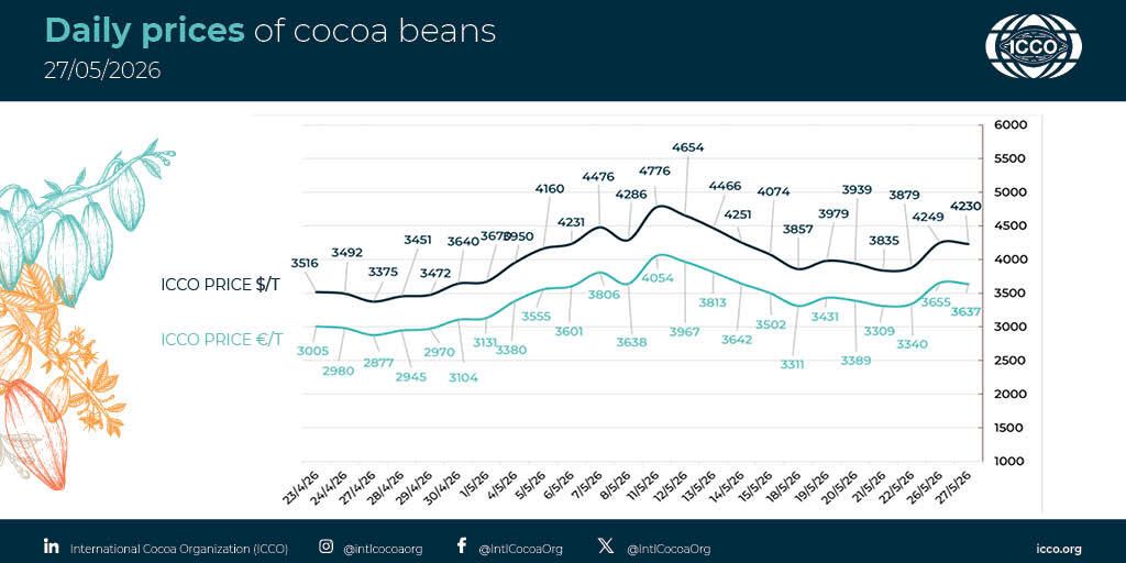IntlCocoaOrg's tweet photo. 🔴 27/05/2026 #Cocoa Daily Prices - Prix du jour - Precios diarios - Ежедневные цены
 
💵 ICCO daily price - 4230.31 $/T
💶 ICCO daily price - 3636.59 €/T
 
More #cocoa statistical info in our webpage 🔗 https://t.co/0t3CE7hXP4

#ICCOCocoaHub #ICCOCocoaData #ICCOCocoaKnowledge https://t.co/rb4GGkOJ9U