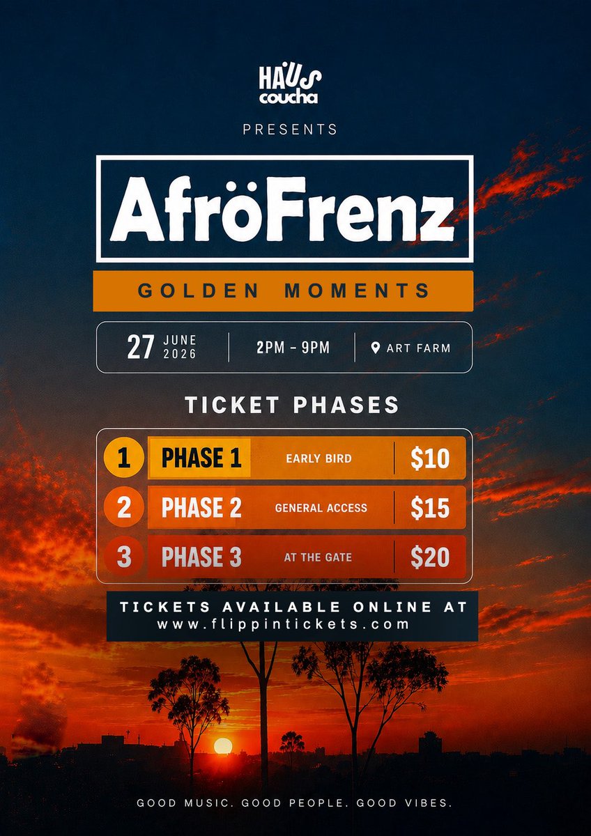 afrofrenz's tweet photo. Golden hour. Afro sounds.

AfroFrenz: Golden Moments is officially here.

🗓 27 June 2026
📍 Art Farm
⏰ 2PM – 9PM

🎟 Tickets now available at Flippin Tickets.

Good music. Good people. Good vibes. #AfroFrenz https://t.co/KnEFFhw7je