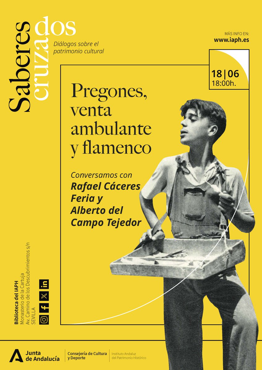 IAPHpatrimonio's tweet photo. 📢Próxima conferencia del ciclo #Saberescruzados organizado por el @IAPHpatrimonio @CulturaAND 
en la que conversaremos con Rafael Cáceres Feria y Alberto del Campo Tejedor 
🗓️Jueves, 18 de junio
⌛️18:00 horas 
📍Biblioteca del IAPH
Acceso libre hasta completar aforo https://t.co/bMfpP8b1wC