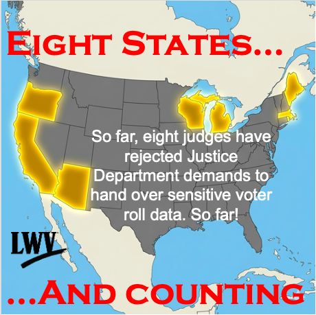 lwv_wa's tweet photo. So far, eight judges have rebuffed Justice Department demands to hand over sensitive voter roll data. CA, OR, MI, AZ, RI, MA, ME, WI. So far! The League of Women Voters will not stand by as the federal government seeks to weaponize voter data against the American people. @lwv https://t.co/XAadOLDwyx