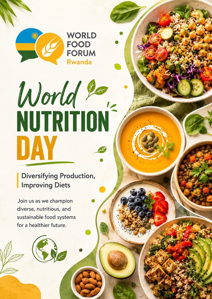 WffRwanda's tweet photo. Celebrating World Nutrition Day with a commitment to healthier and more sustainable food systems!

By diversifying production and improving diets, we can build a future where nutritious food is accessible to all. 

Let’s promote healthy eating, support local farmers, and champion sustainable agriculture for stronger communities and a healthier planet.

#WorldNutritionDay #SustainableFoodSystems  #NutritionForAll