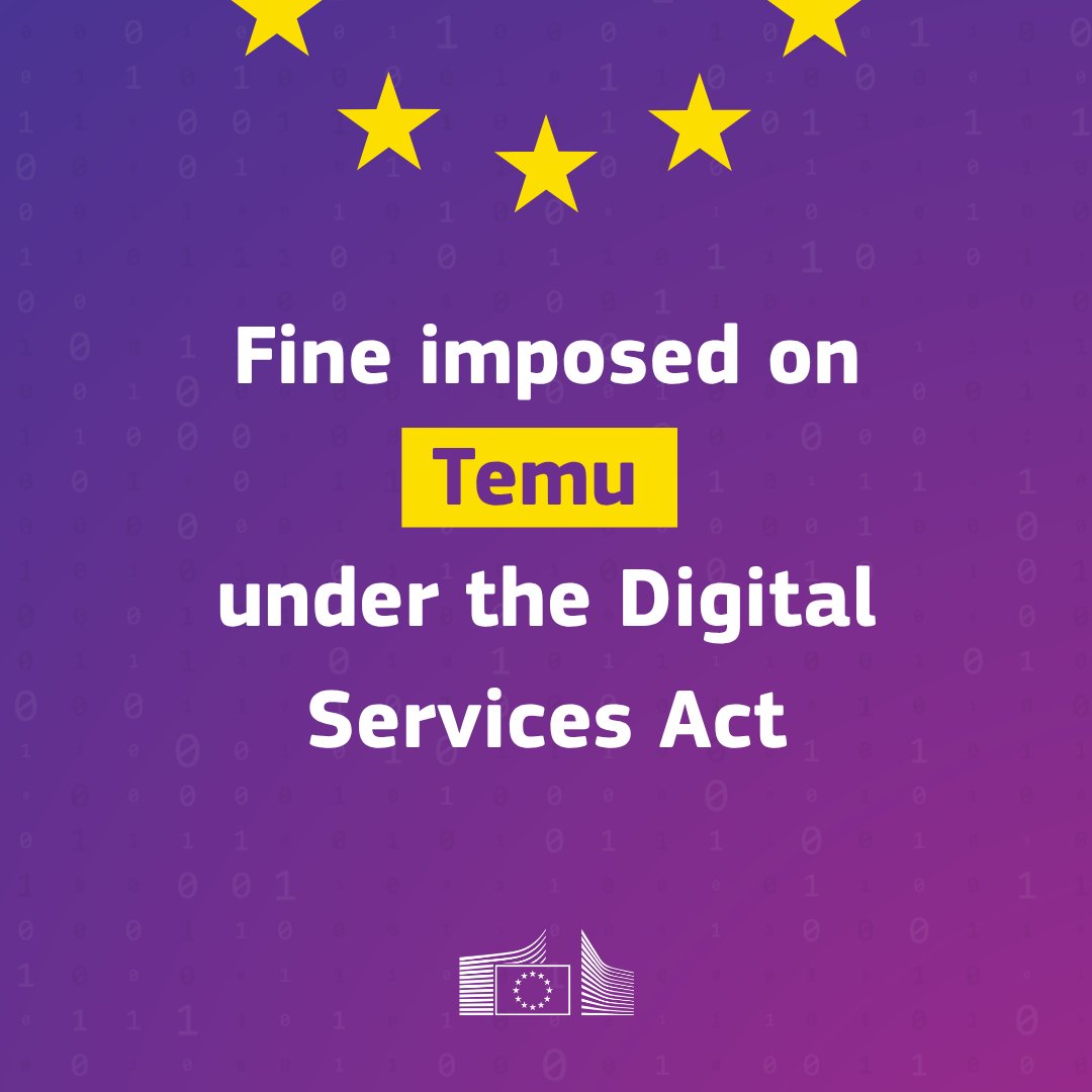 Today, we have imposed a €200 million fine on Temu under the Digital  Services Act, for failing to identify, analyse, and assess the systemic  risks of illegal products being offered on its